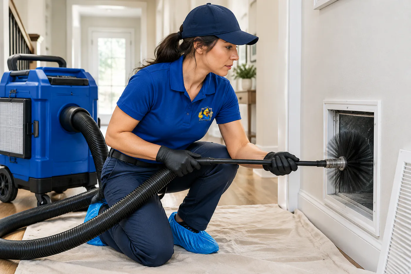 Technician running a rotary brush through a wall vent connected to a HEPA extraction machine