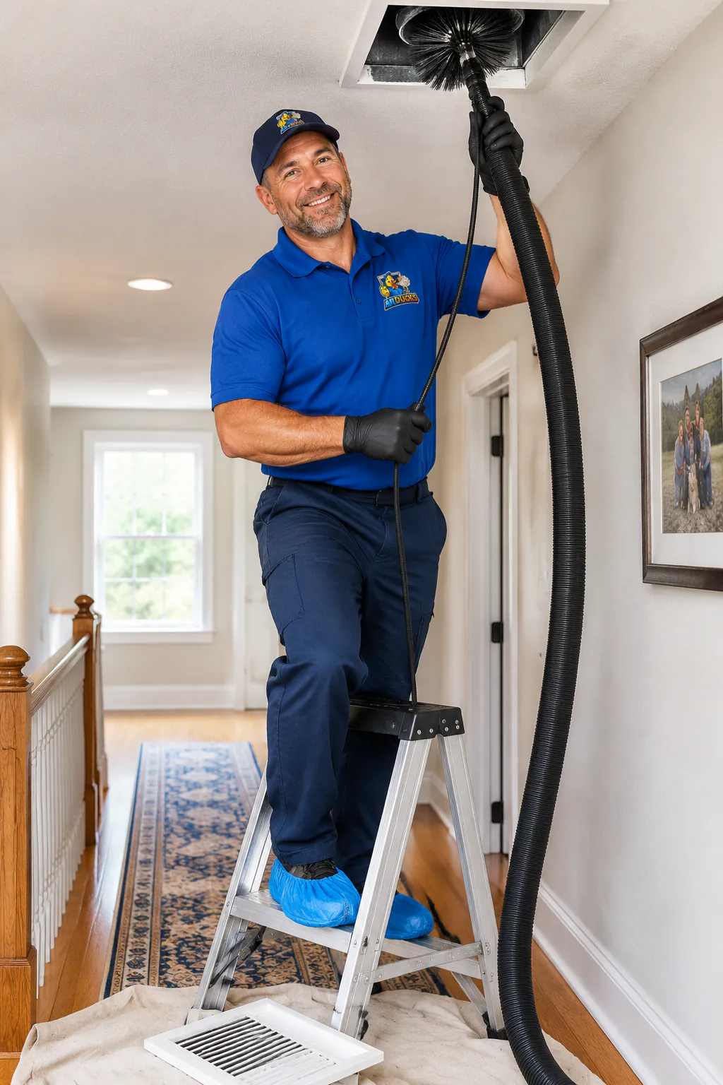 AirDucks technician running a rotary brush into a ceiling vent in a customer's hallway