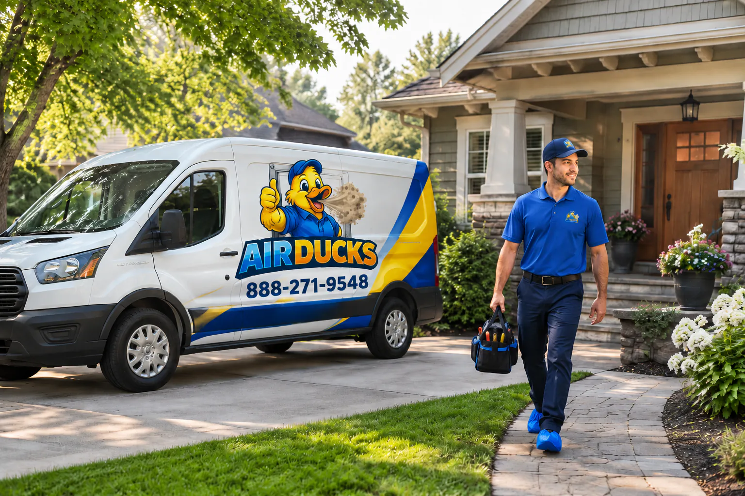 AirDucks service van parked in front of a craftsman home while a technician walks to the door